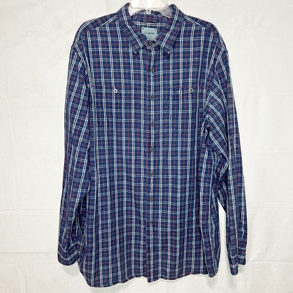 LL Bean Shirt Sz XL-Tall Blue White Red Plaid Button Down 100% Cotton